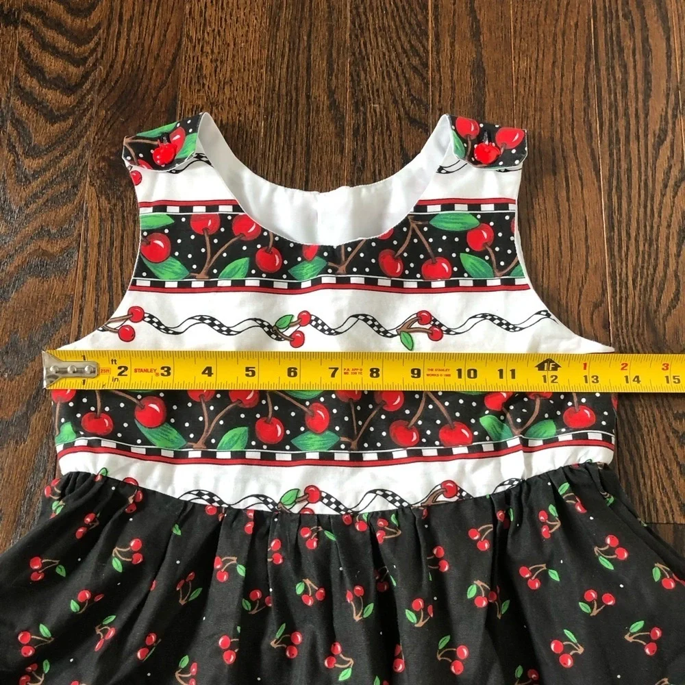 Vintage Girls 8-10 Black/Red Cherries A-Line Sleeveless Midi Dress w/Pockets